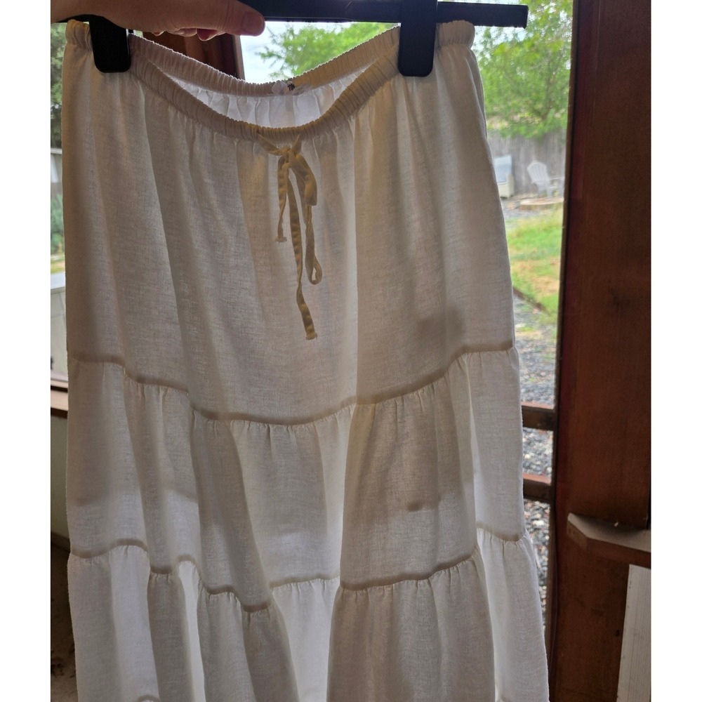 White Linen Blend Tiered Maxi Skirt Sz 4 Cottagecore Peasant Fairy Boho Coastal - Picture 3 of 5